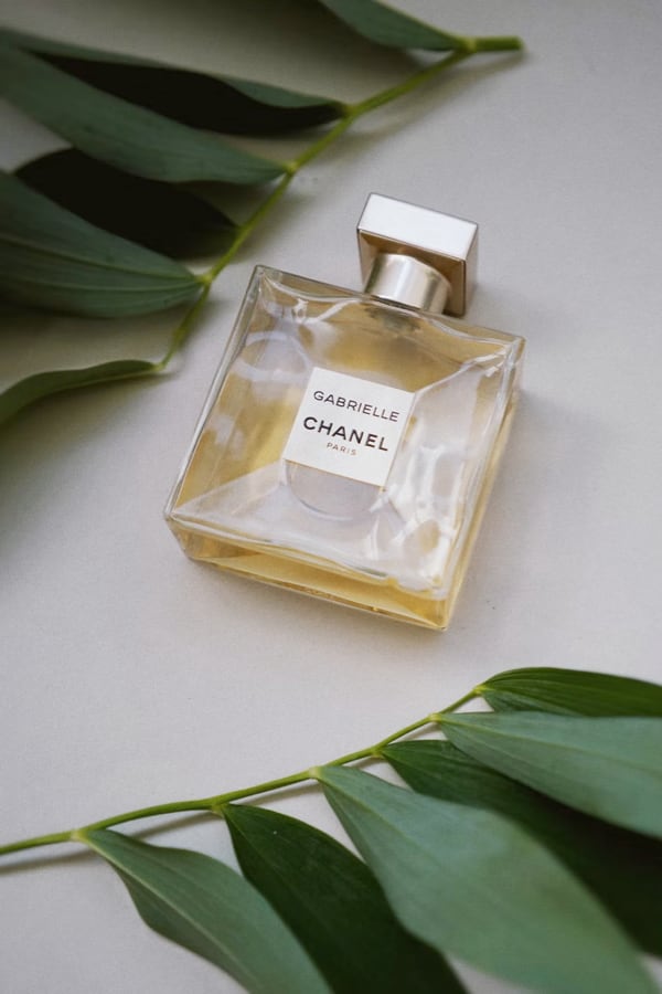 Product shot of perfume on grey background, surrounded by ferns